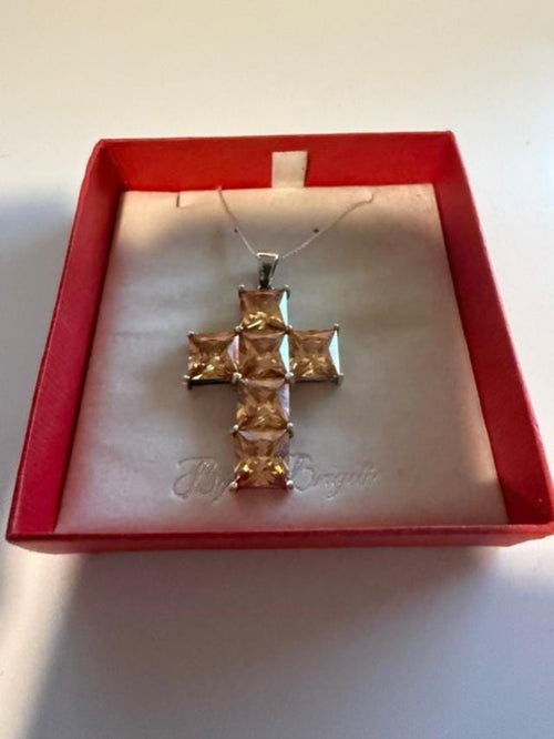 Bijou Brigitte 925 Sterling Silver Champagne CZ Cross Pendant 1.75 Inch
