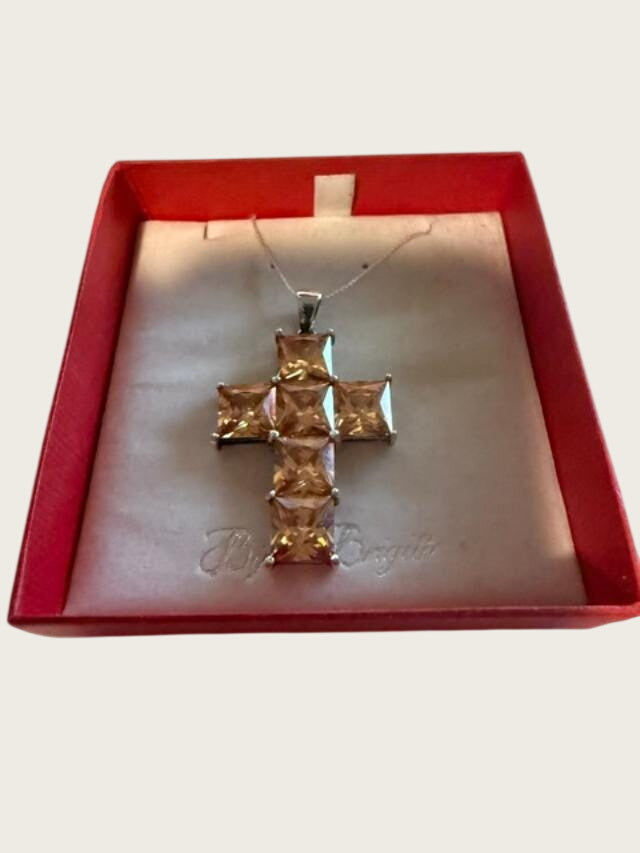 Bijou Brigitte 925 Sterling Silver Champagne CZ Cross Pendant 1.75 Inch