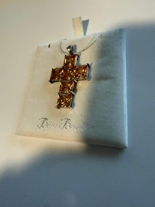 Bijou Brigitte 925 Sterling Silver Champagne CZ Cross Pendant 1.75 Inch