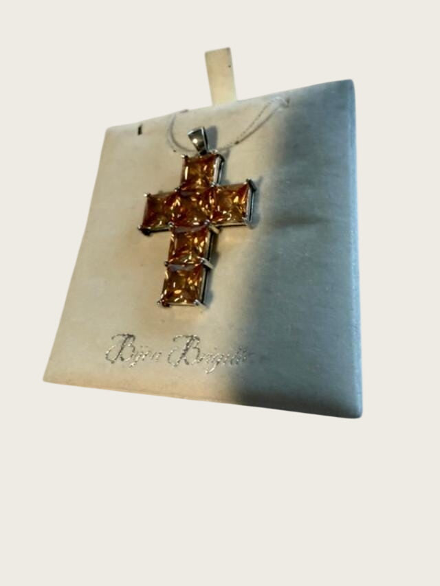 Bijou Brigitte 925 Sterling Silver Champagne CZ Cross Pendant 1.75 Inch