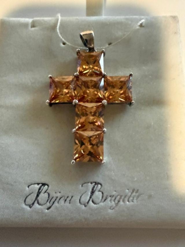 Bijou Brigitte 925 Sterling Silver Champagne CZ Cross Pendant 1.75 Inch