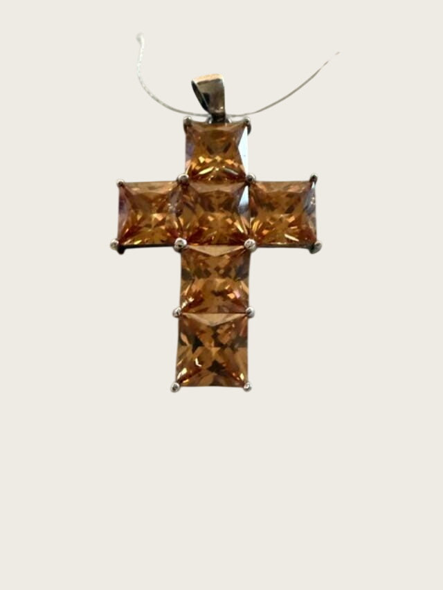 Bijou Brigitte 925 Sterling Silver Champagne CZ Cross Pendant 1.75 Inch