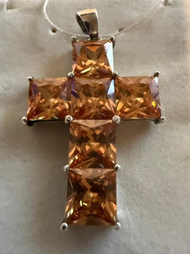Bijou Brigitte 925 Sterling Silver Champagne CZ Cross Pendant 1.75 Inch