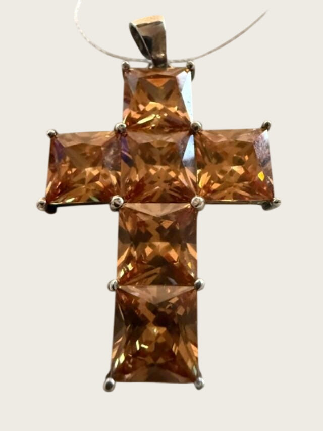 Bijou Brigitte 925 Sterling Silver Champagne CZ Cross Pendant 1.75 Inch