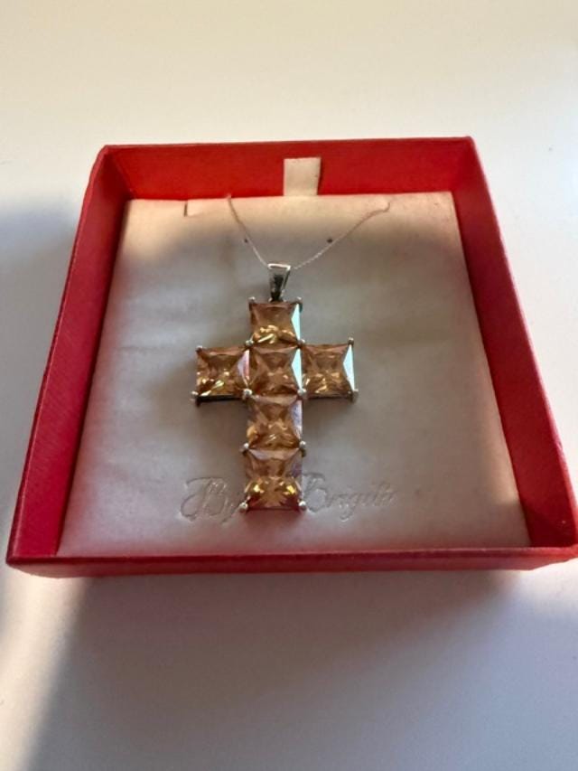 Bijou Brigitte 925 Sterling Silver Champagne CZ Cross Pendant 1.75 Inch
