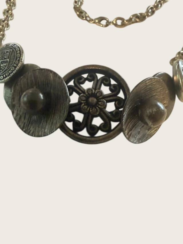 OOAK Handmade Vintage Repurposed Button Statement Necklace Mixed Metal Assemblage 21 Inch