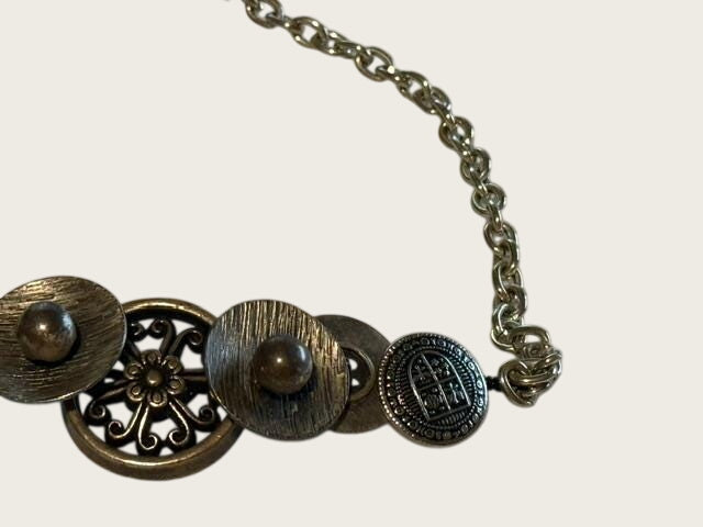 OOAK Handmade Vintage Repurposed Button Statement Necklace Mixed Metal Assemblage 21 Inch