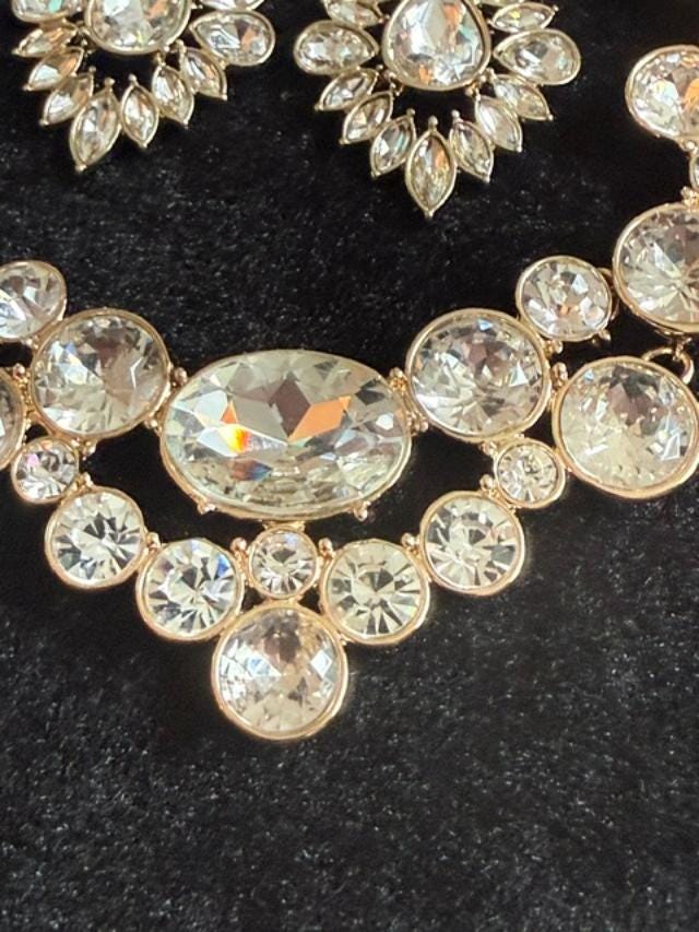Vintage SHB Gold Tone Rhinestone Bib Necklace and Chandelier Earrings Set