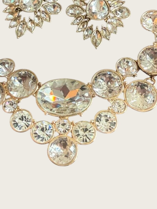 Vintage SHB Gold Tone Rhinestone Bib Necklace and Chandelier Earrings Set