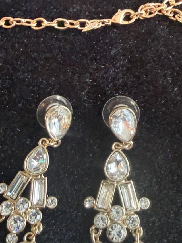 Vintage SHB Gold Tone Rhinestone Bib Necklace and Chandelier Earrings Set