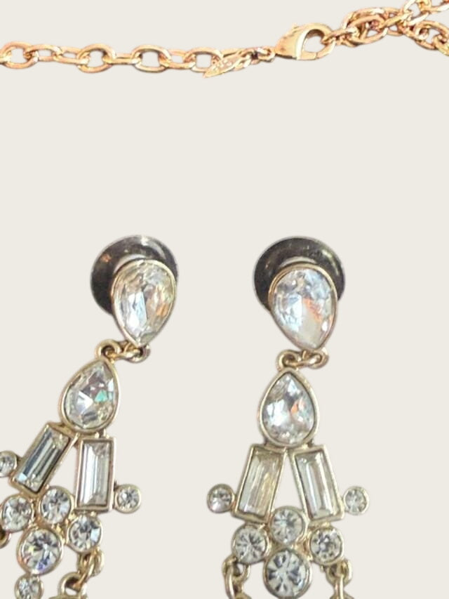 Vintage SHB Gold Tone Rhinestone Bib Necklace and Chandelier Earrings Set