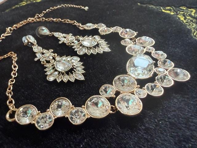 Vintage SHB Gold Tone Rhinestone Bib Necklace and Chandelier Earrings Set