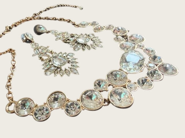 Vintage SHB Gold Tone Rhinestone Bib Necklace and Chandelier Earrings Set