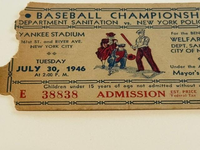 1946 Yankee Stadium NYPD vs Sanitation Baseball Championship Ticket