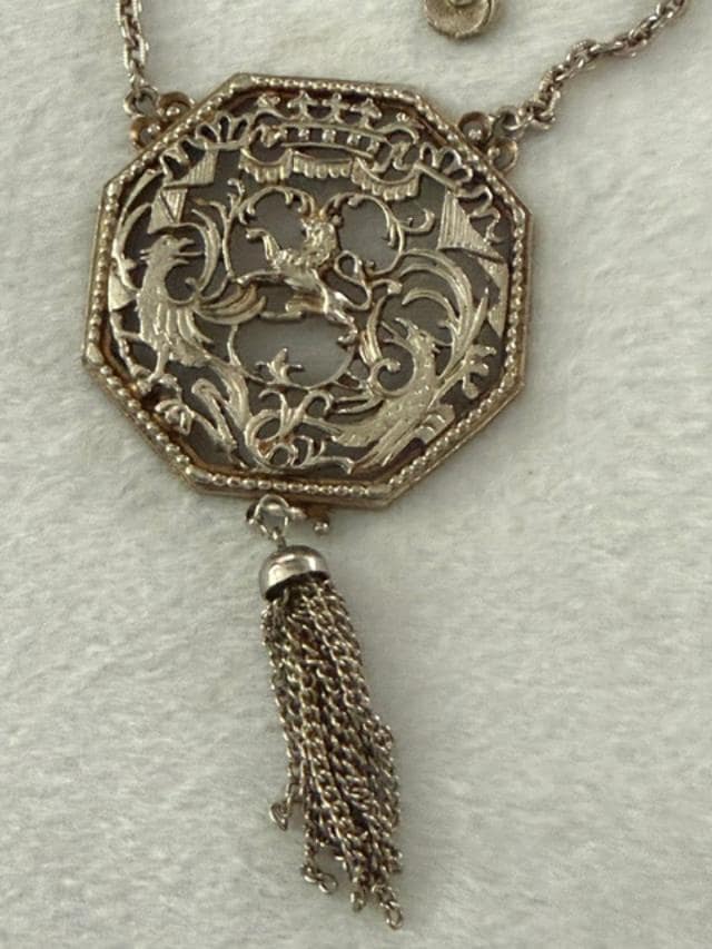 Vintage Lisner Lion Phoenix Heraldic Medallion Tassel Necklace