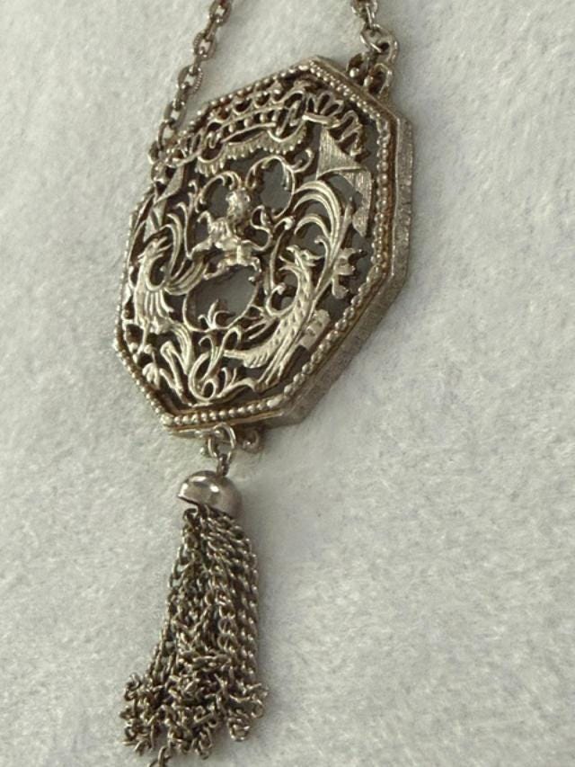 Vintage Lisner Lion Phoenix Heraldic Medallion Tassel Necklace