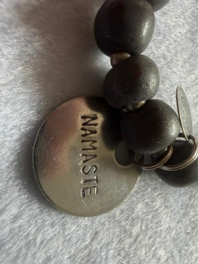 Saint Laurent YSL Bead Bracelet  Monogram Charm, Namaste Pendant, Stretch Cord