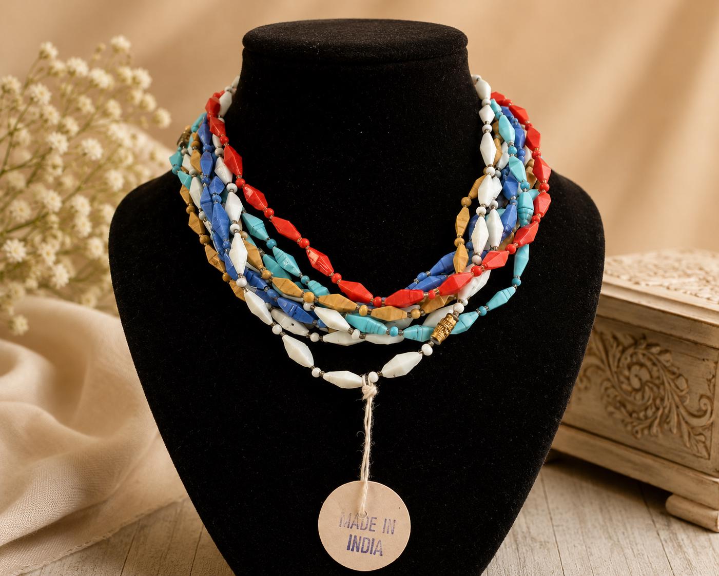 Set of 12 Vintage 1960s India Glass Bead Necklaces Multicolor Original Tag