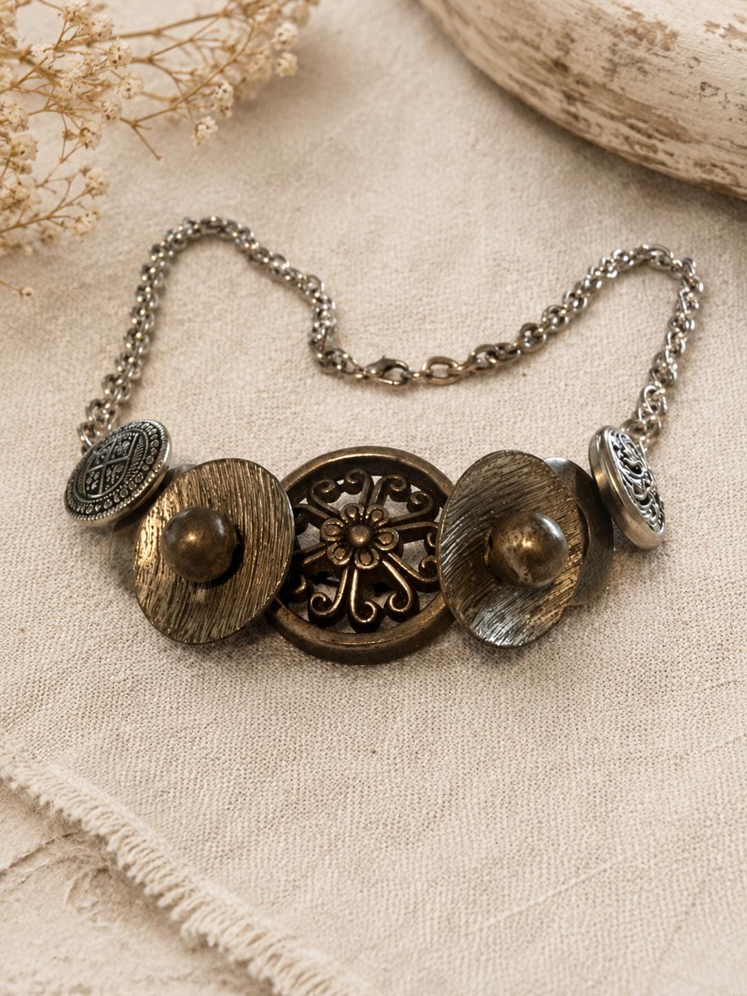 OOAK Handmade Vintage Repurposed Button Statement Necklace Mixed Metal Assemblage 21 Inch