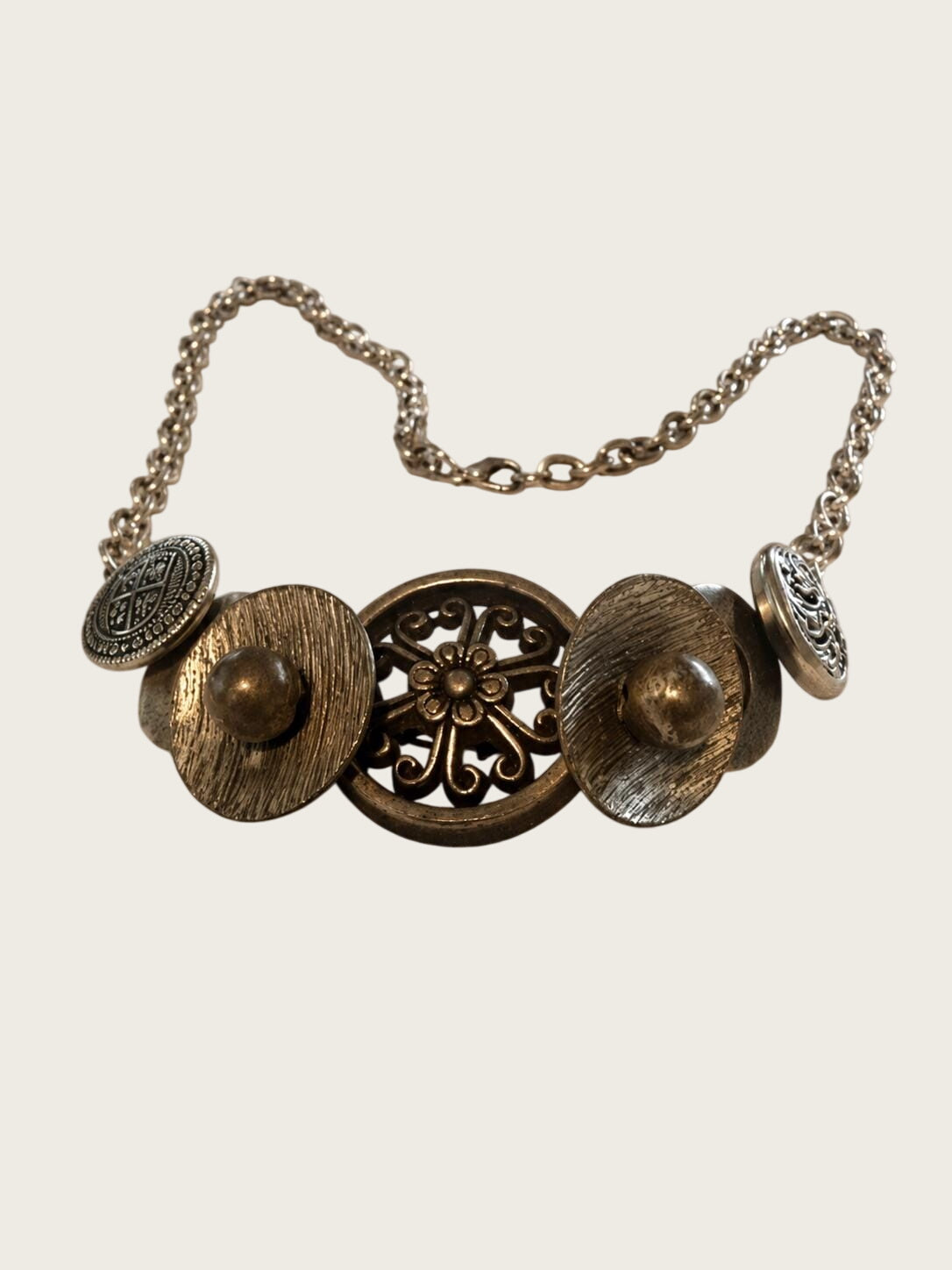 OOAK Handmade Vintage Repurposed Button Statement Necklace Mixed Metal Assemblage 21 Inch