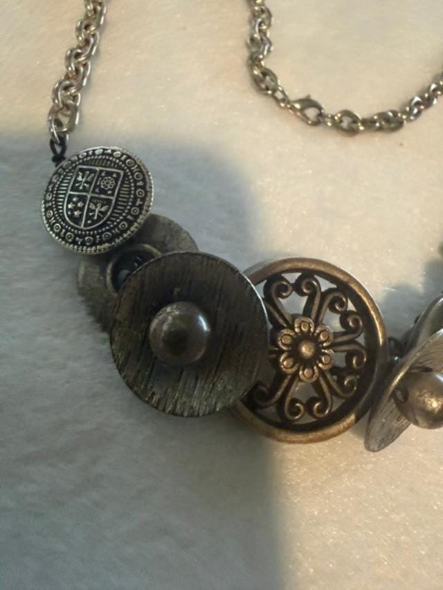OOAK Handmade Vintage Repurposed Button Statement Necklace Mixed Metal Assemblage 21 Inch