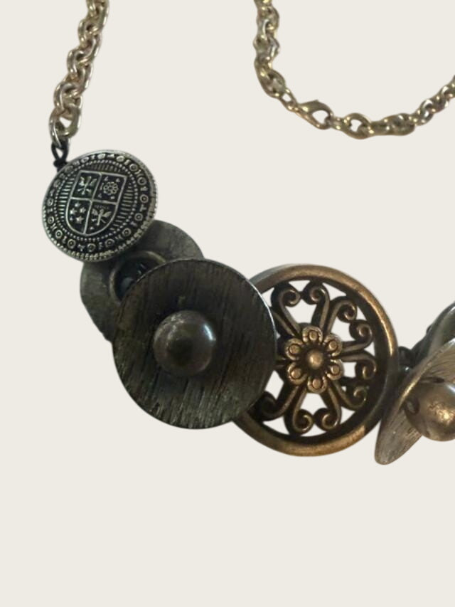 OOAK Handmade Vintage Repurposed Button Statement Necklace Mixed Metal Assemblage 21 Inch