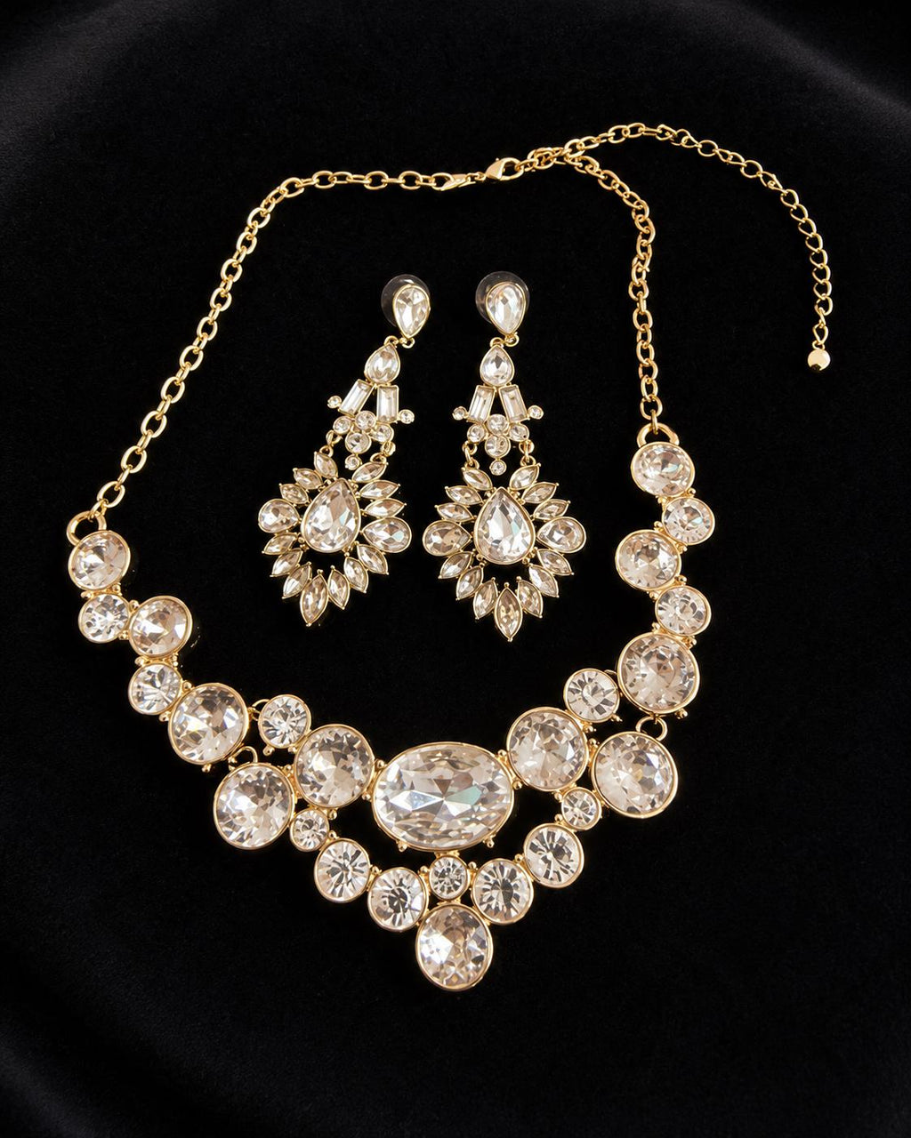 Vintage SHB Gold Tone Rhinestone Bib Necklace and Chandelier Earrings Set