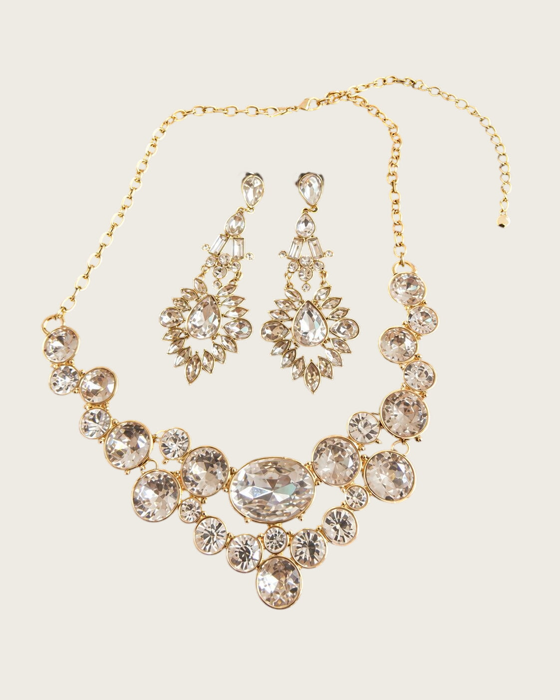 Vintage SHB Gold Tone Rhinestone Bib Necklace and Chandelier Earrings Set
