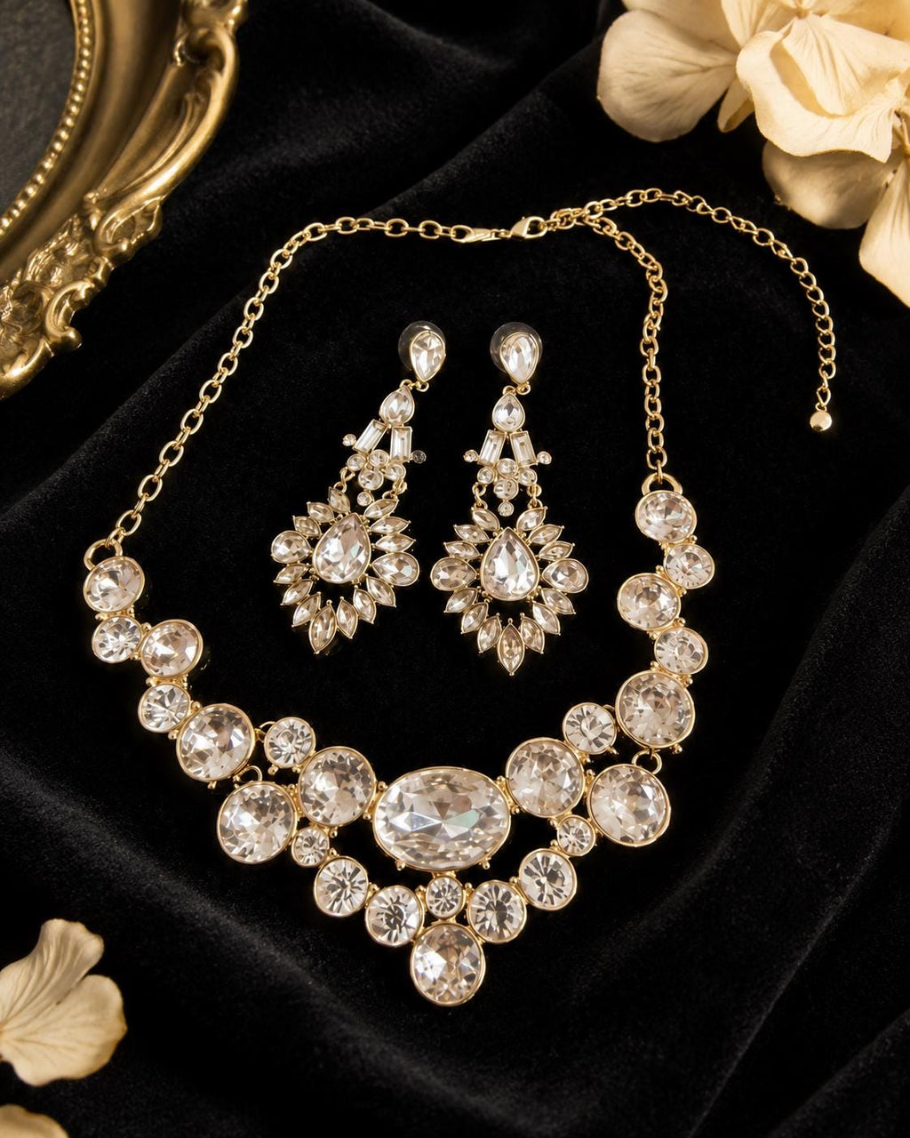 Vintage SHB Gold Tone Rhinestone Bib Necklace and Chandelier Earrings Set