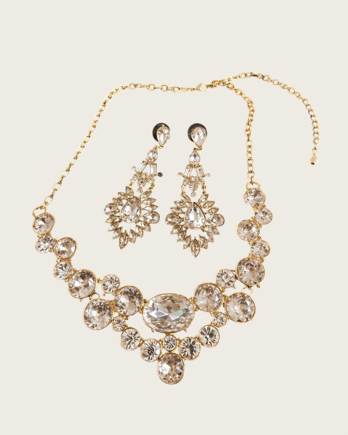Vintage SHB Gold Tone Rhinestone Bib Necklace and Chandelier Earrings Set