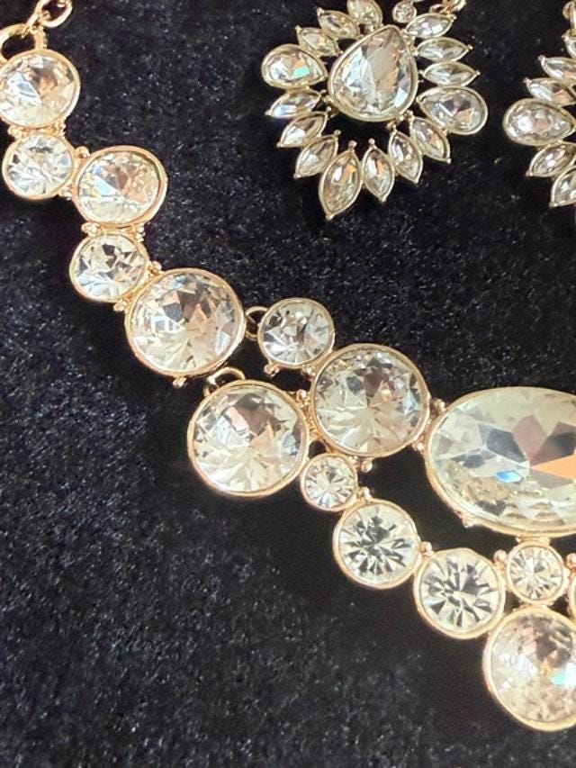 Vintage SHB Gold Tone Rhinestone Bib Necklace and Chandelier Earrings Set