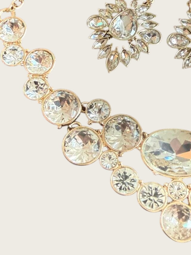 Vintage SHB Gold Tone Rhinestone Bib Necklace and Chandelier Earrings Set