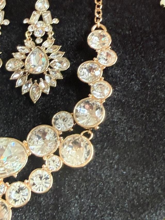 Vintage SHB Gold Tone Rhinestone Bib Necklace and Chandelier Earrings Set