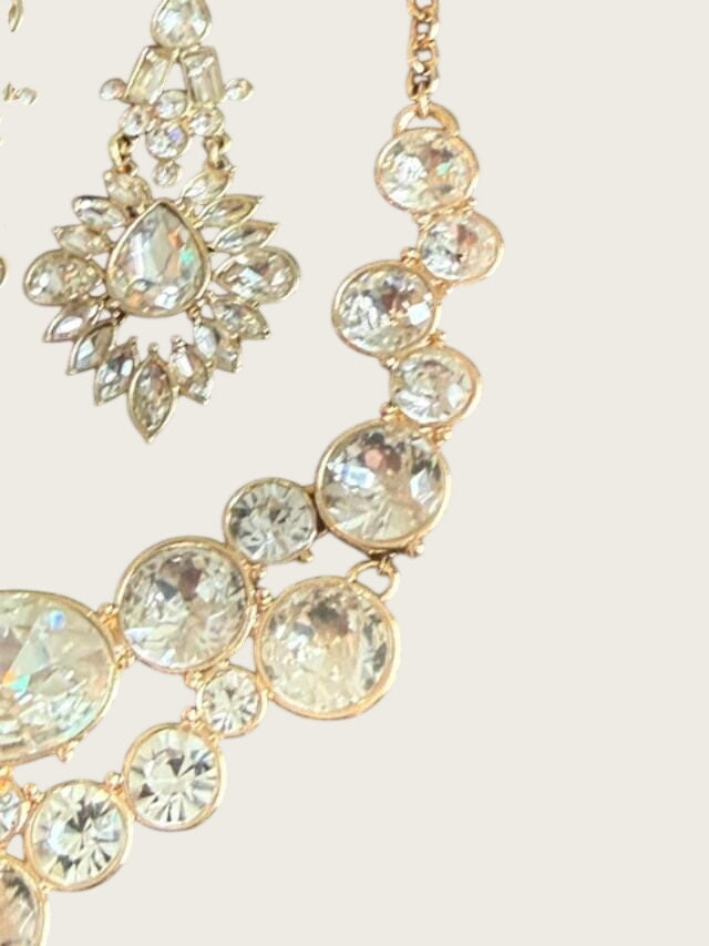 Vintage SHB Gold Tone Rhinestone Bib Necklace and Chandelier Earrings Set