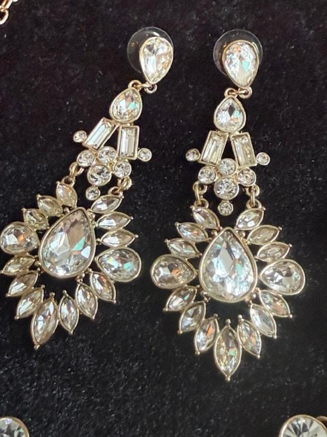 Vintage SHB Gold Tone Rhinestone Bib Necklace and Chandelier Earrings Set