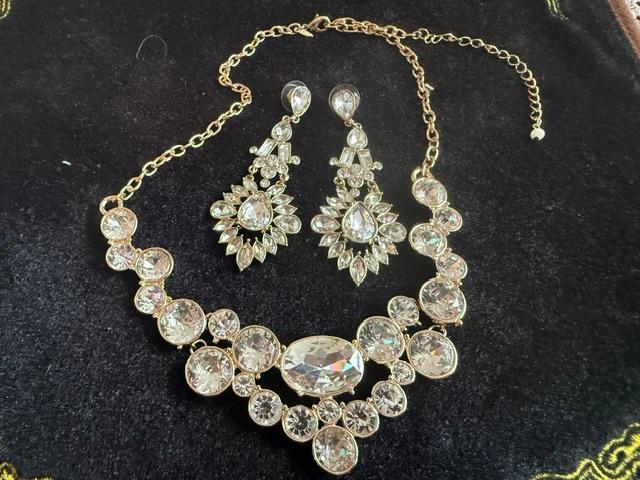 Vintage SHB Gold Tone Rhinestone Bib Necklace and Chandelier Earrings Set