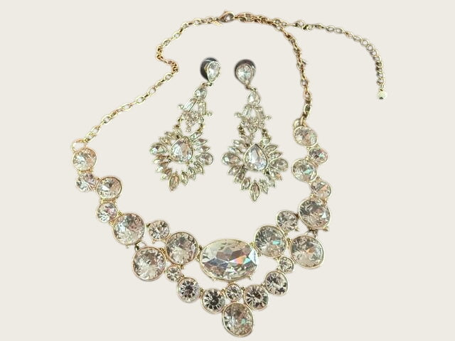 Vintage SHB Gold Tone Rhinestone Bib Necklace and Chandelier Earrings Set