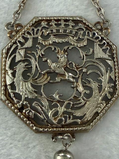 Vintage Lisner Lion Phoenix Heraldic Medallion Tassel Necklace