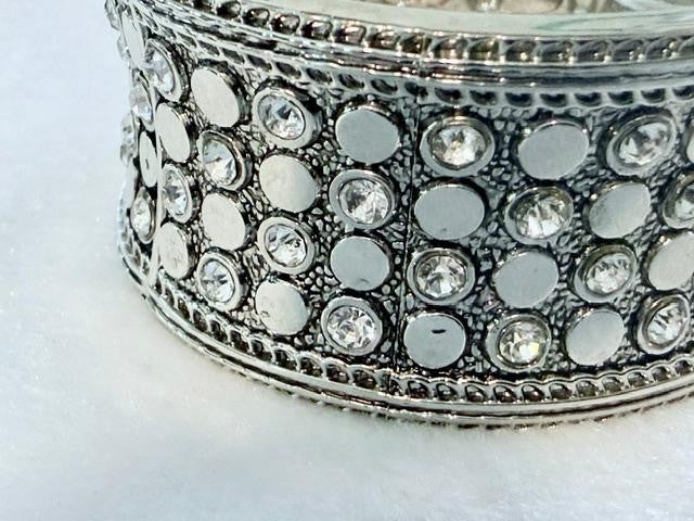 Silver Tone Clear Rhinestone Mosaic Hinged Cuff Bracelet 1.25 approx. inch Wide