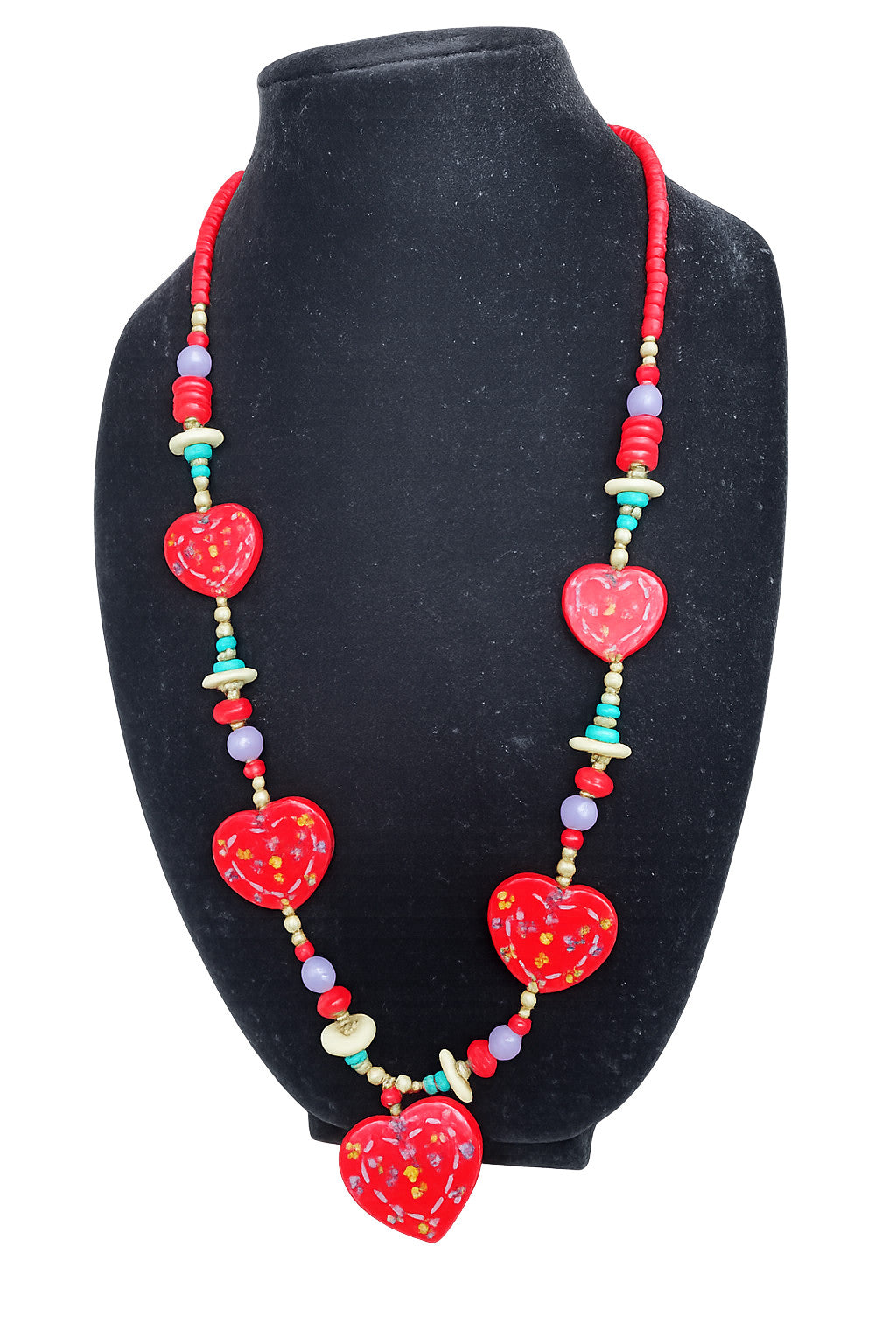 Vintage 1990s Hand Painted Wood Red Heart Bead Necklace Folk Art 30 Inch