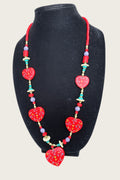 Vintage 1990s Hand Painted Wood Red Heart Bead Necklace Folk Art 30 Inch