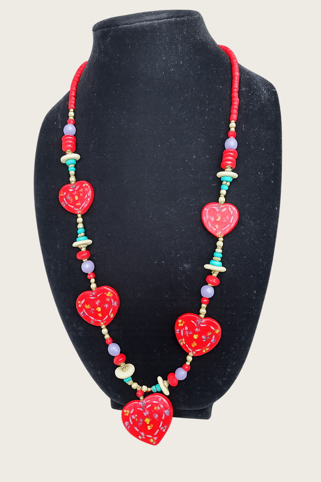 Vintage 1990s Hand Painted Wood Red Heart Bead Necklace Folk Art 30 Inch