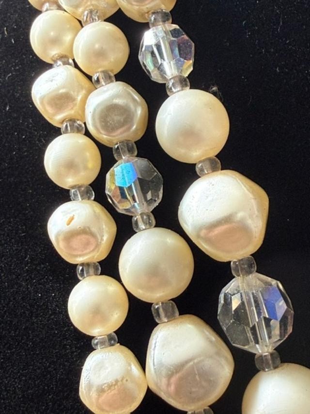 Vintage Multi Strand Necklace White Faux Pearls Aurora Borealis Crystal Beads