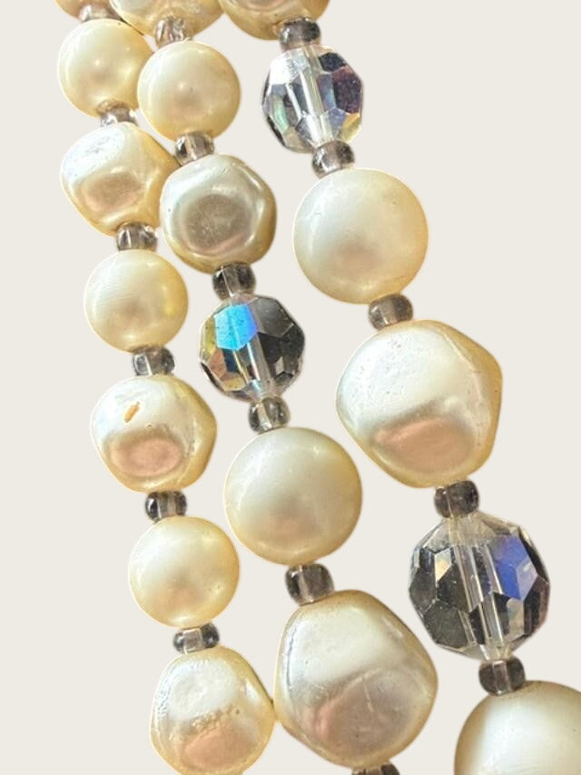 Vintage Multi Strand Necklace White Faux Pearls Aurora Borealis Crystal Beads