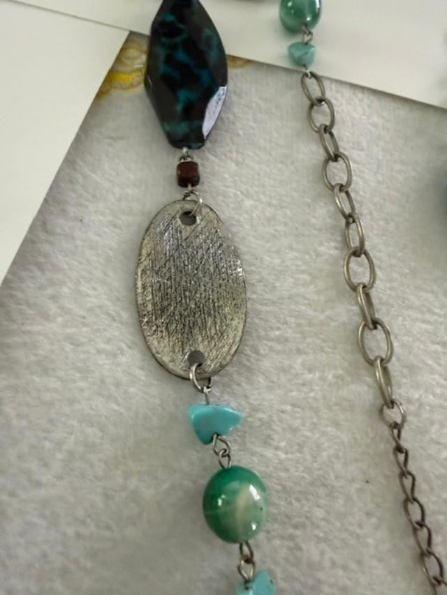 Boho Long Station Necklace Silver Tone Teal Resin Glass Beads Turquoise Chips 34