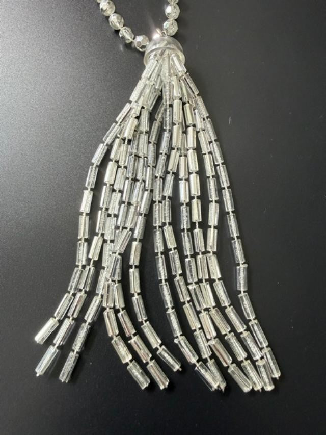 34" Silver Tone Beaded Tassel Necklace Opera Length Costume Jewelry
