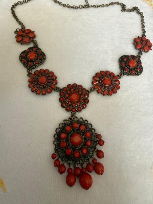 Orange Faux Coral Filigree Boho Statement Necklace 23" + 3" Extender