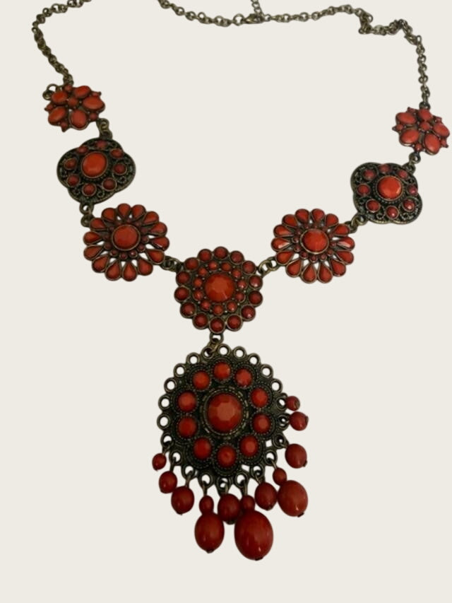 Orange Faux Coral Filigree Boho Statement Necklace 23" + 3" Extender