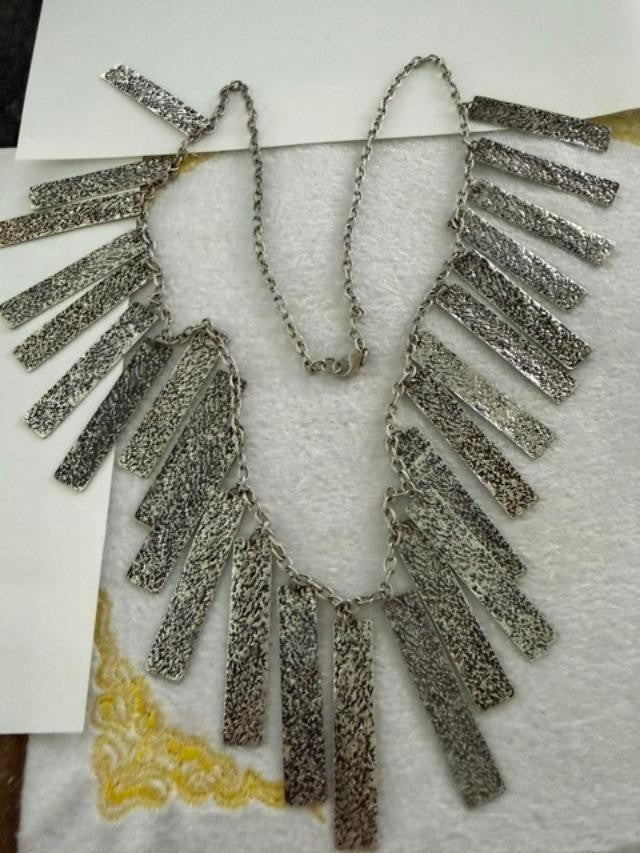 Vintage Silver Tone Fringe Statement Necklace Textured Bar Pendants 35"