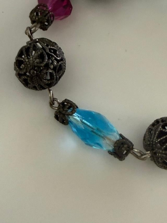 Vintage Filigree Ball Bead Bracelet Blue Fuchsia Crystal Silver Tone 7"